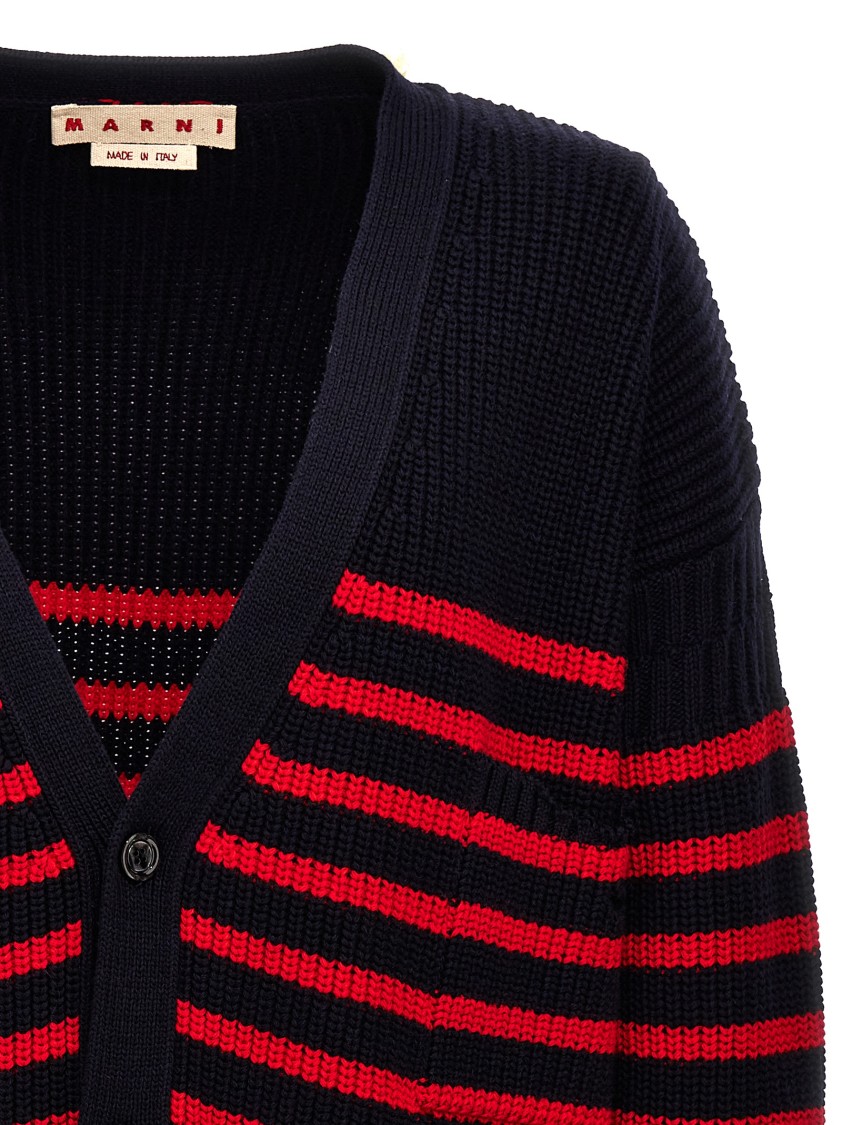 Marni Destroyed Effect Striped Cardigan In Blue
