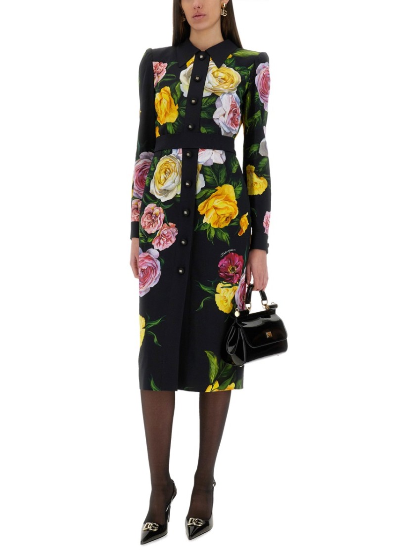 Dolce & Gabbana Calf-length Cady Shirt Dress With Peony And Rose Print In Black
