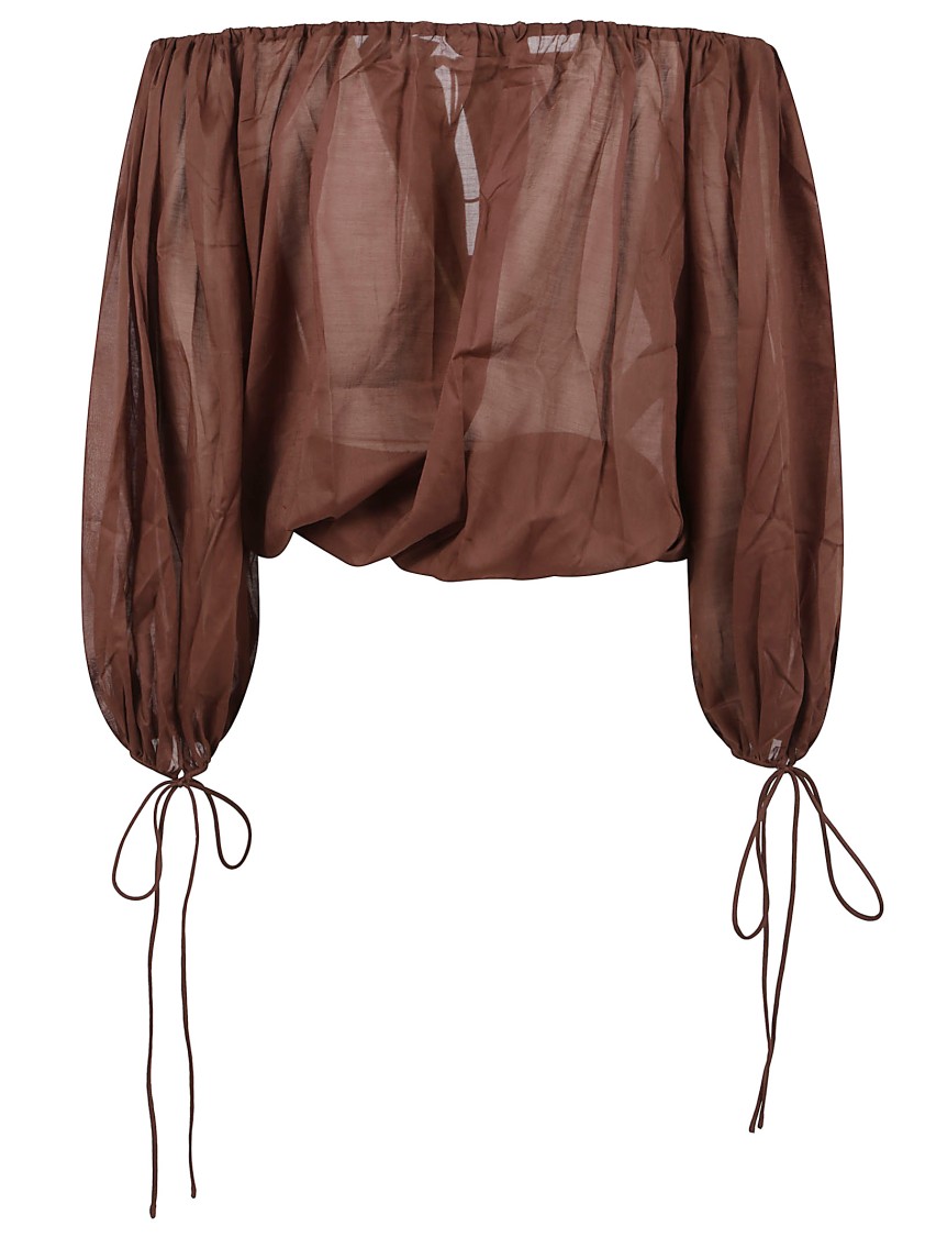 The Andamane Sheer Drawstring Long Sleeve Top In Brown