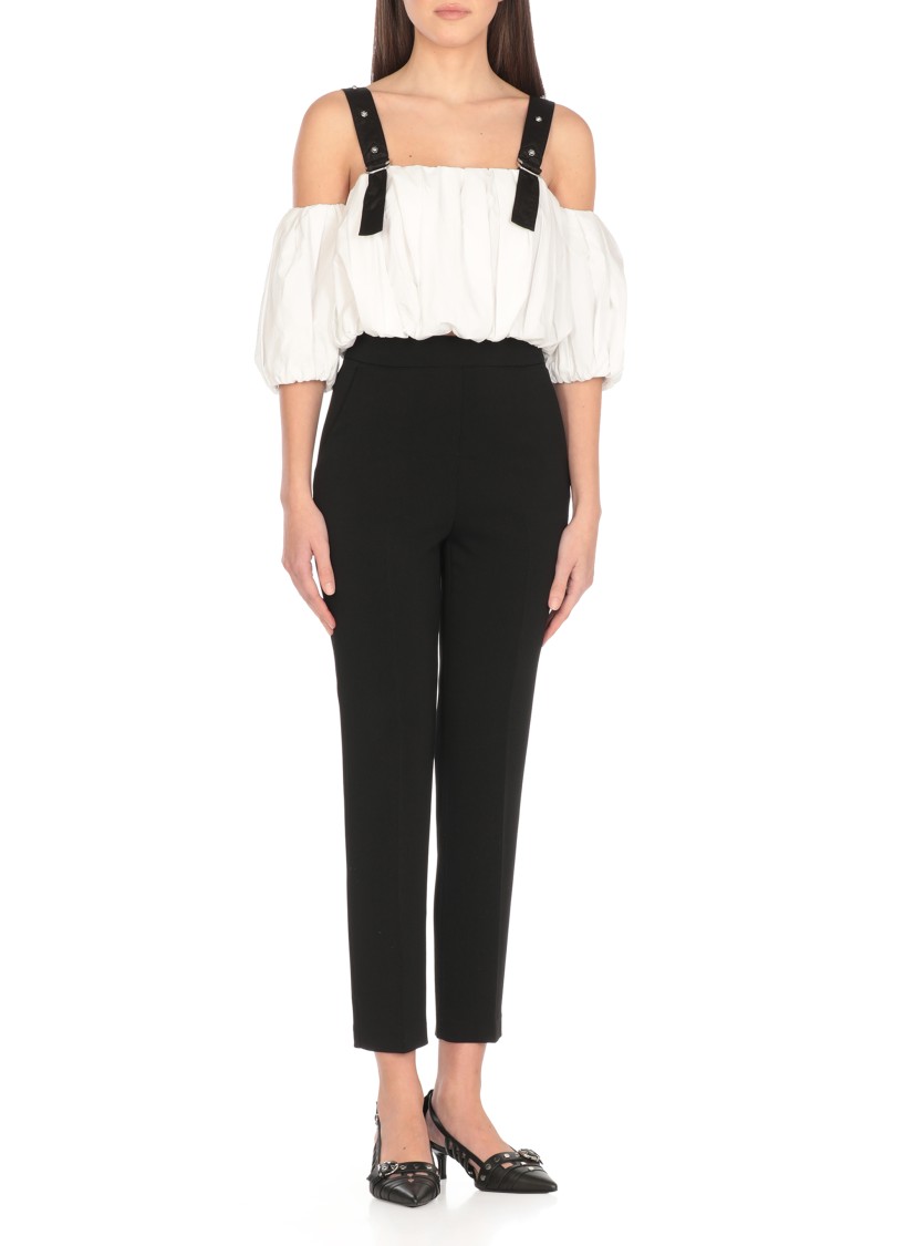 Pinko Cropped Beige Top With Puff Sleeves And Adjustable Straps