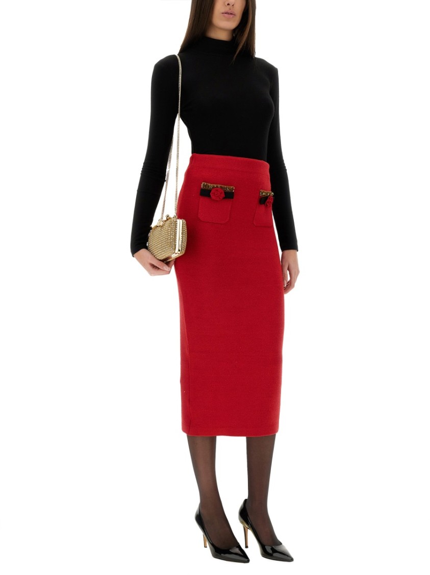 Self-portrait Embellished Knitted Midi Skirt In Red