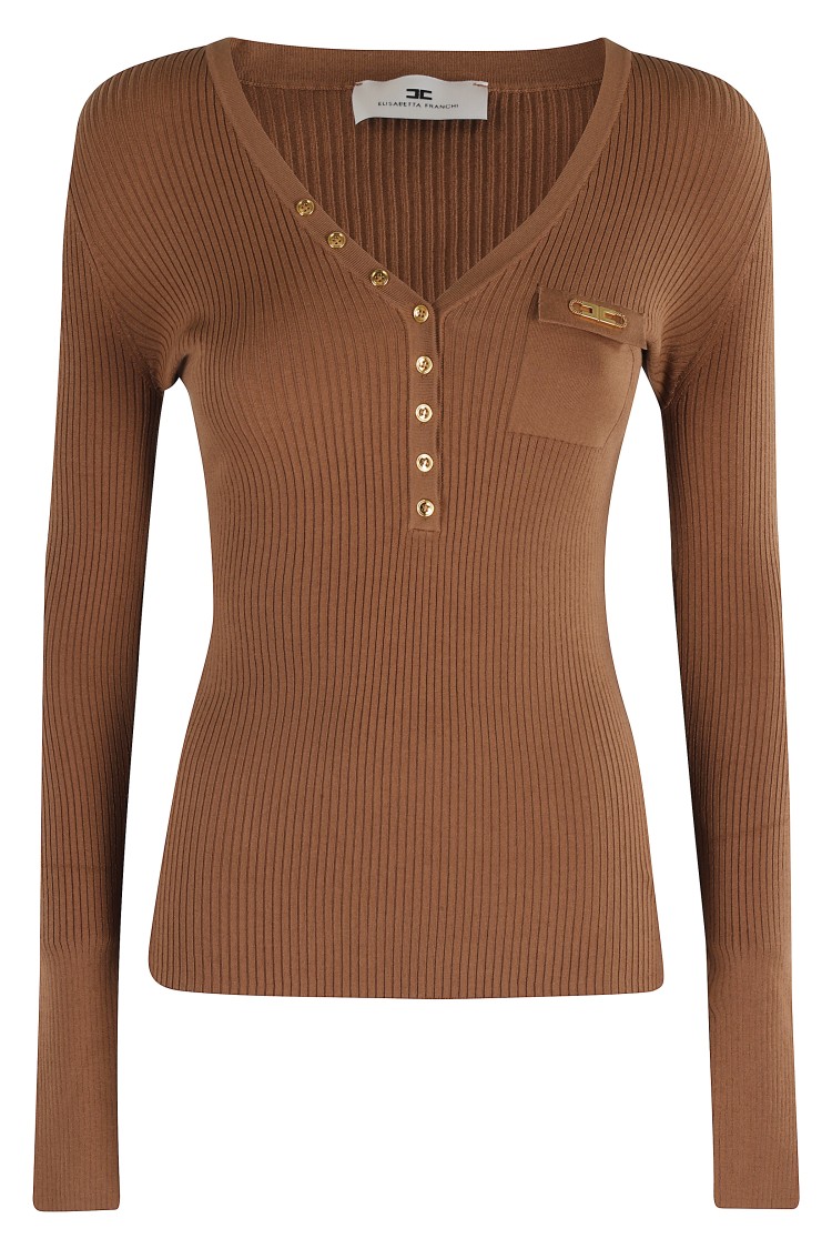 Elisabetta Franchi V-neck Tricot Sweater With Gold Accents And Pocket Detail In Brown