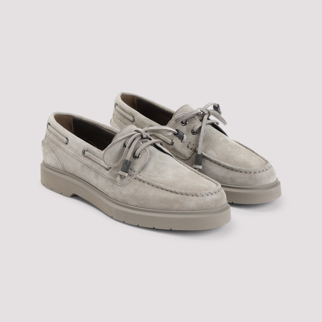 Brunello Cucinelli Taupe Grey Boat Moccasins With Monili Chain In Neutral