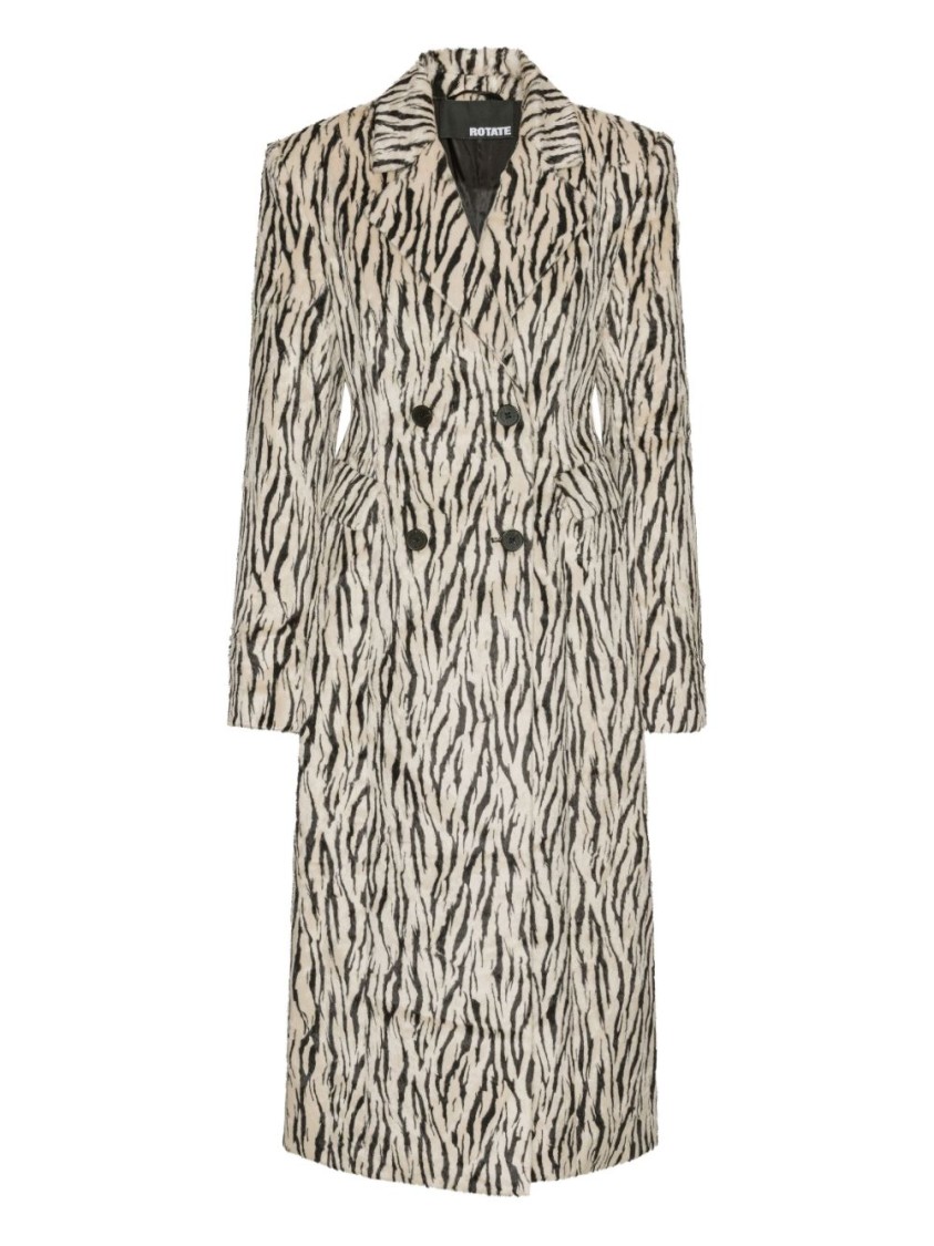Rotate Birger Christensen Rotate Zebra Print Long Coat With Double-breasted Design And Large Lapels In Neutral