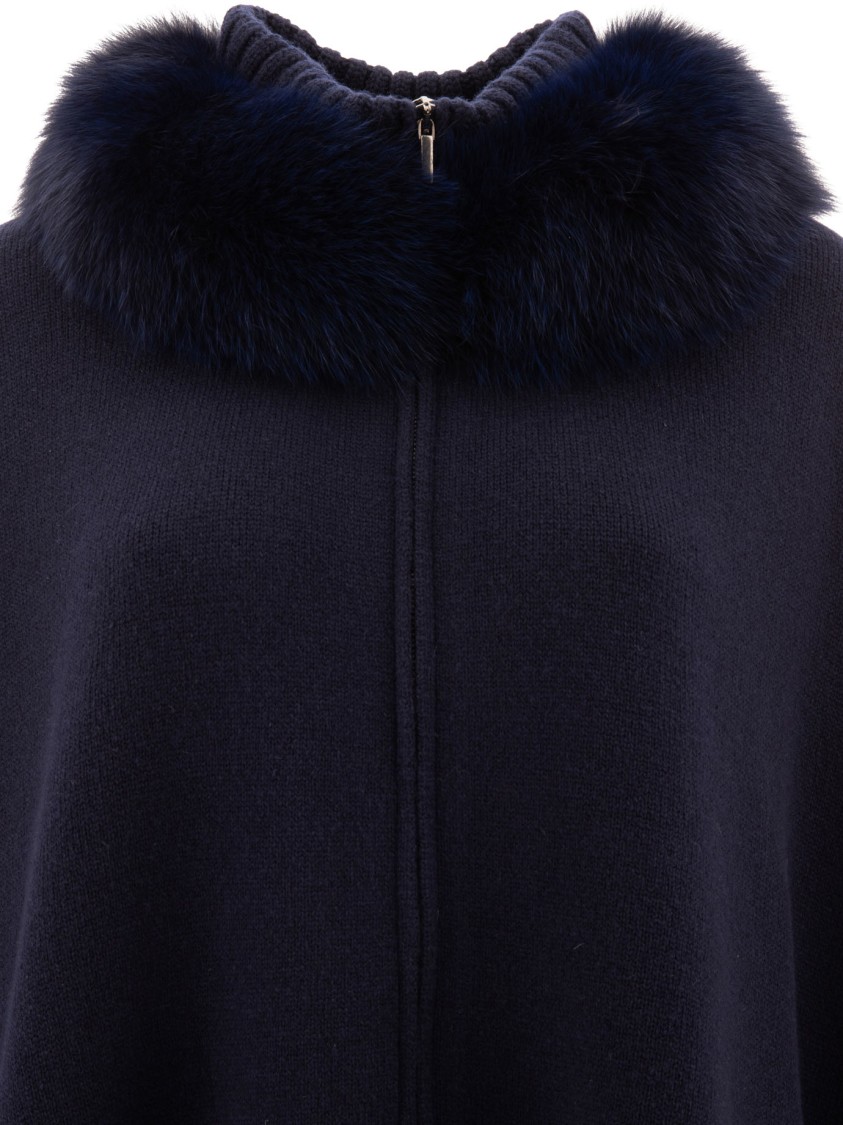 Giovi Wool And Cashmere Poncho With Fur Collar In Blue