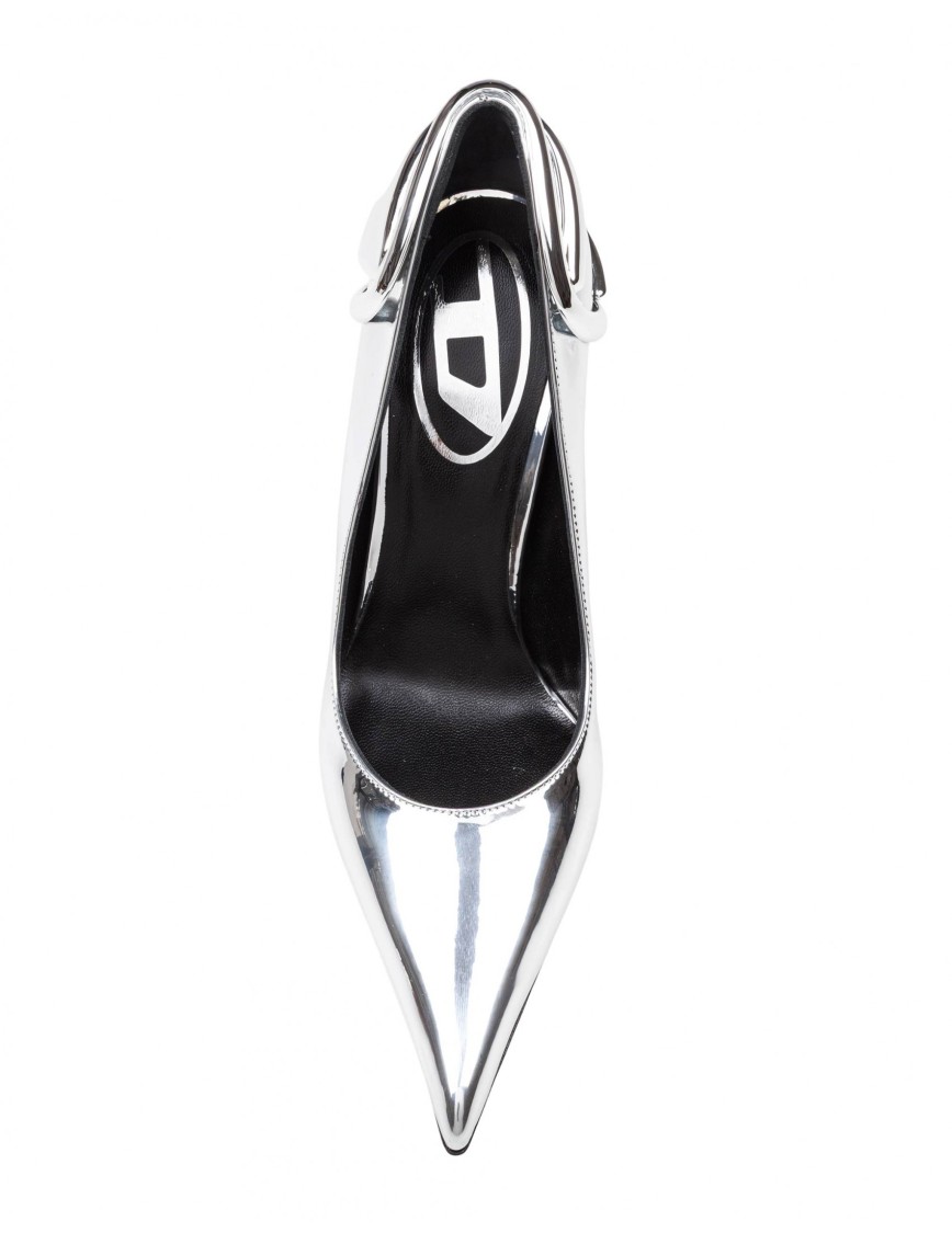 Diesel Metallic Leather Pumps With Curved Heel Silver Color In Silver
