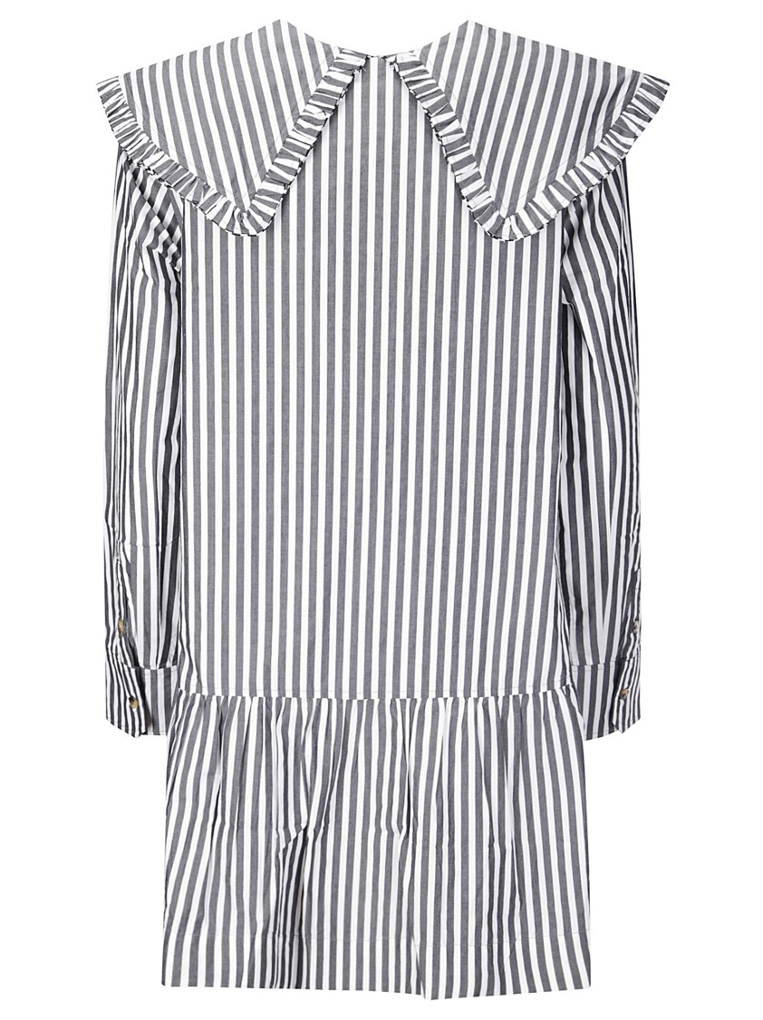 Ganni Striped Dress With Wide Collar And Ruffles In Grey