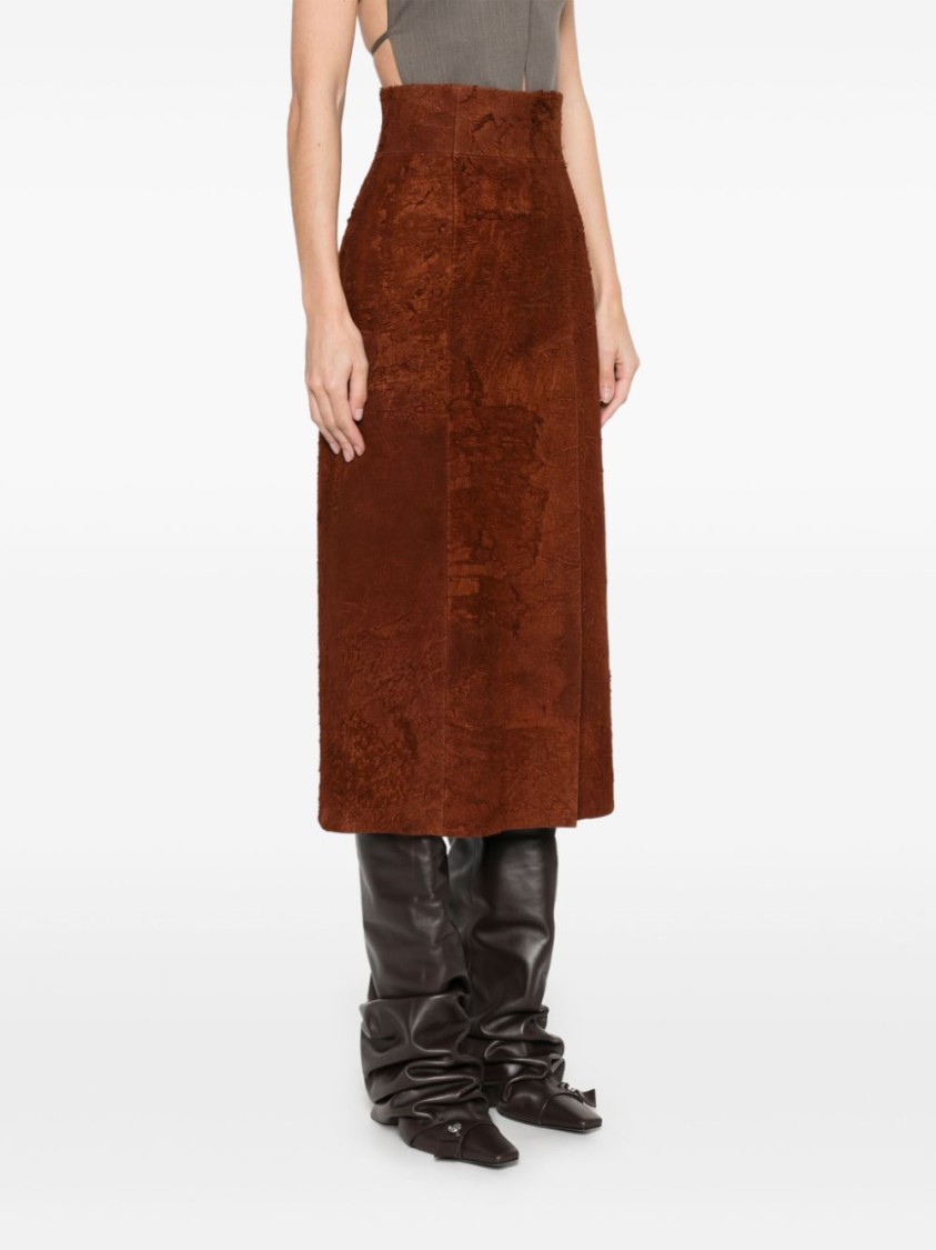 Alexander Mcqueen Womens Brown Brushed-suede Split Leather Midi Skirt In Brown