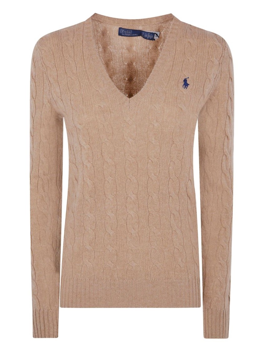 Polo Ralph Lauren Cable Knit Sweater With V-neckline In Brown