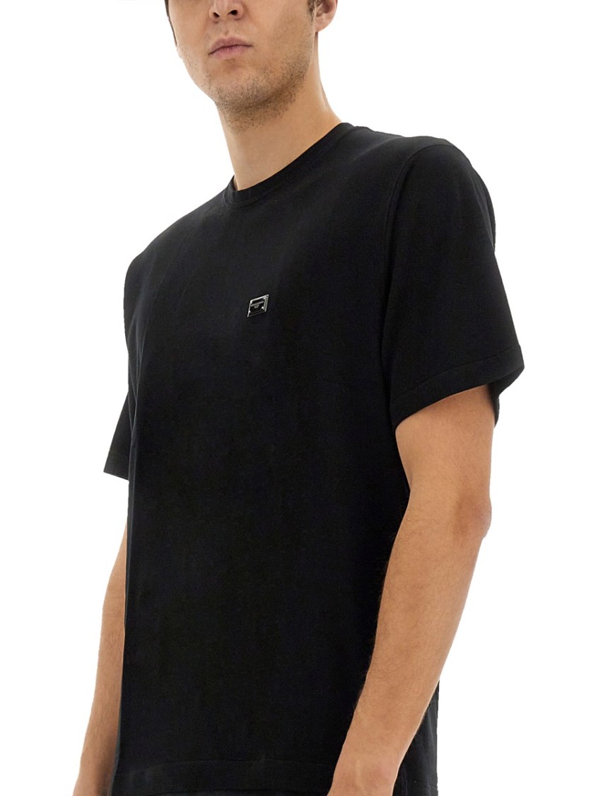 Dolce & Gabbana Cotton T-shirt With Metal Plaque Featuring Front Logo In Black