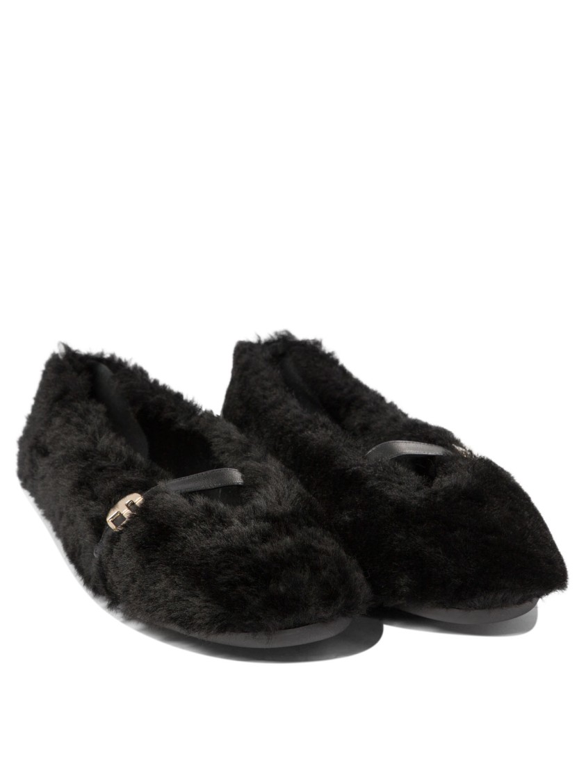 Ferragamo "noella Fur" Shearling Ballet Flats In Black