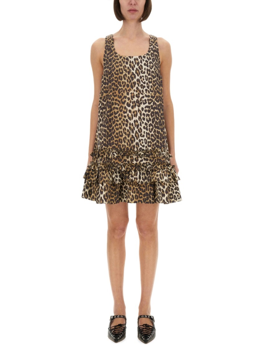 Ganni Brown Leopard Cotton Poplin Mini Dress In Brown