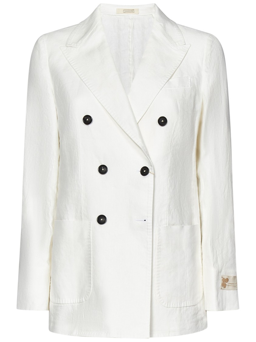 Massimo Alba Cream Herringbone Linen Double-breasted Blazer