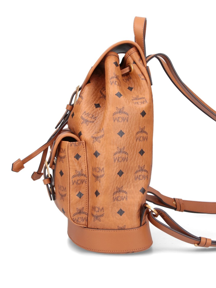 Mcm Small Brown Visetos Backpack With Leather Accents In Brown