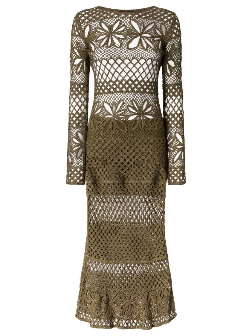 Pinko Long Open-work Crochet Dress With Diamond And Floral Patterns In Green