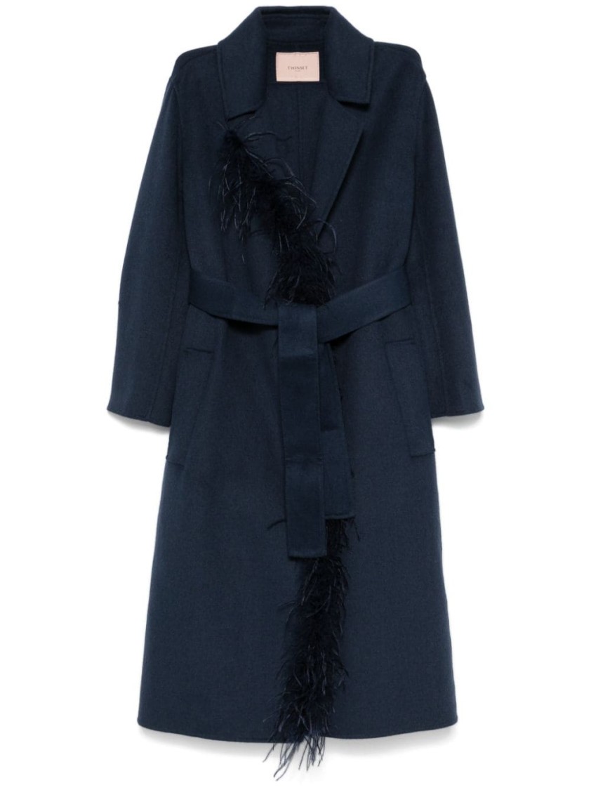 Twinset Double-layer Wool Blend Coat With Feathers In Blue