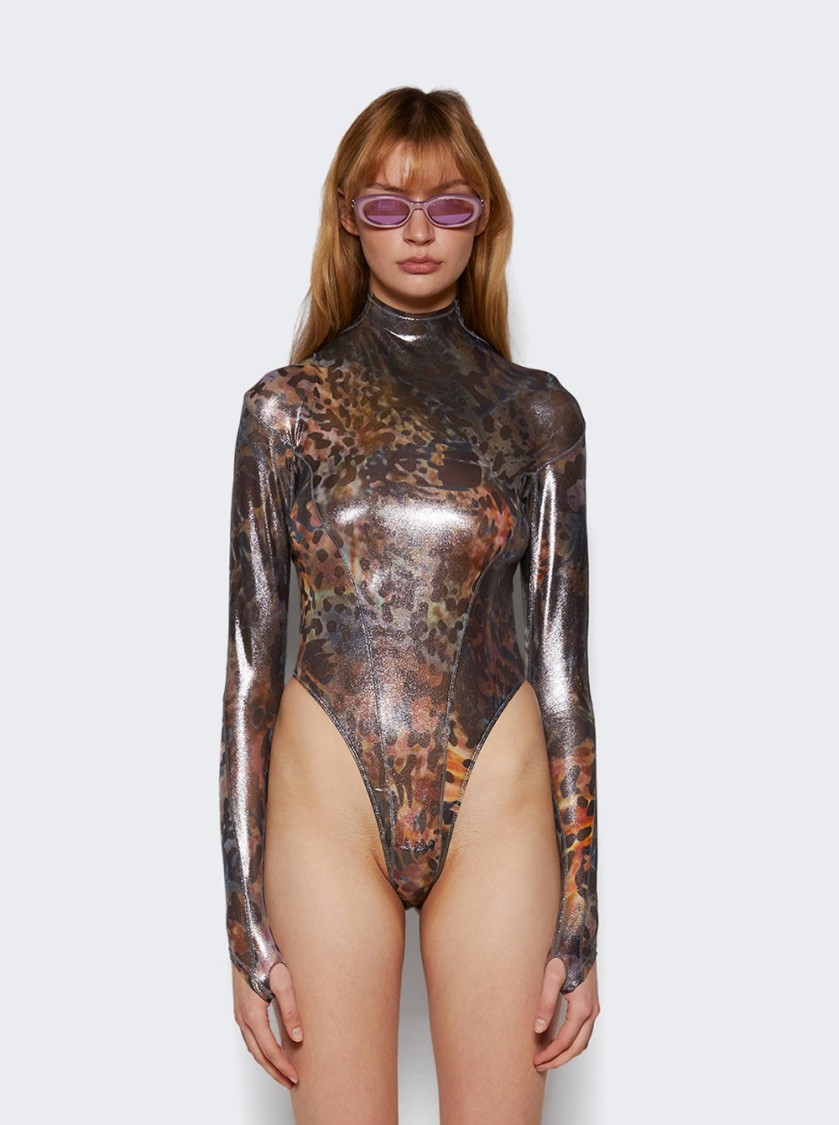 Mugler High-neck Printed Bodysuit With Mesh Design