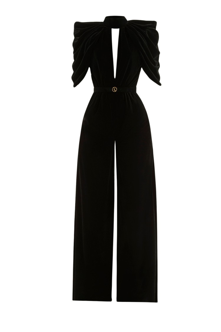 Shop Saiid Kobeisy Jet Black Velvet Jumpsuit