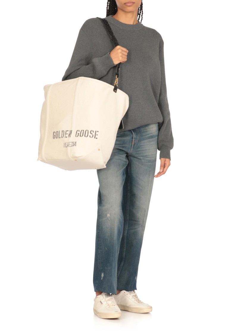 Golden Goose Spacious Beige Handbag With Dual Handles And Adjustable Strap In White