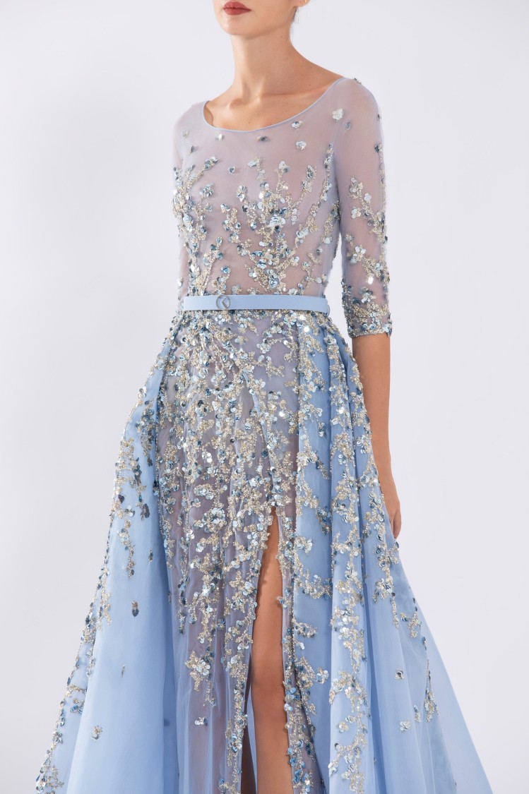 Saiid Kobeisy Tulle Beaded Dress With Envelope Skirt And Overskirt In Blue