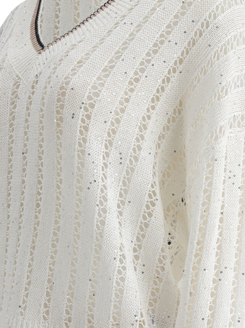 Brunello Cucinelli Open-knit Sweater With Vertical Stripes In White