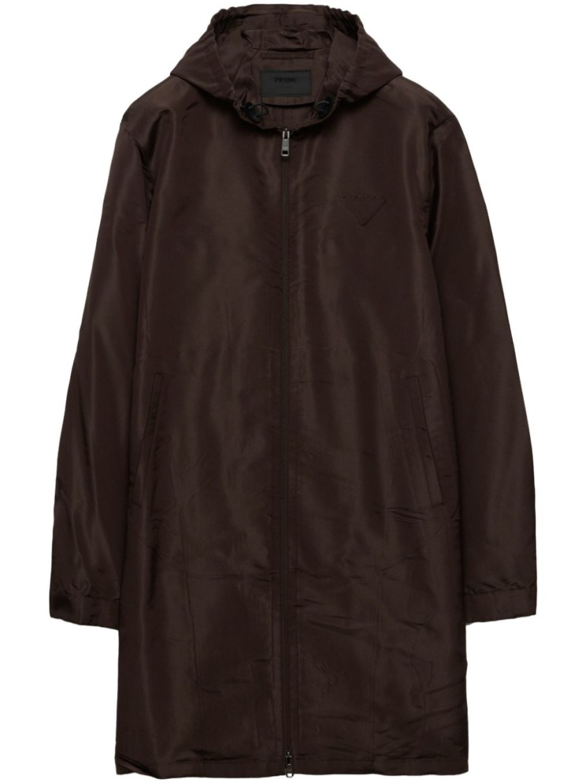 Prada Mid-thigh Brown Zip-up Coat With Hood And Subtle Branding In Black