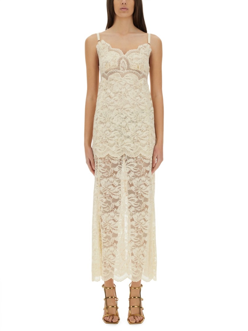 Rabanne Ivory Stretch Lace Evening Dress In Neutrals