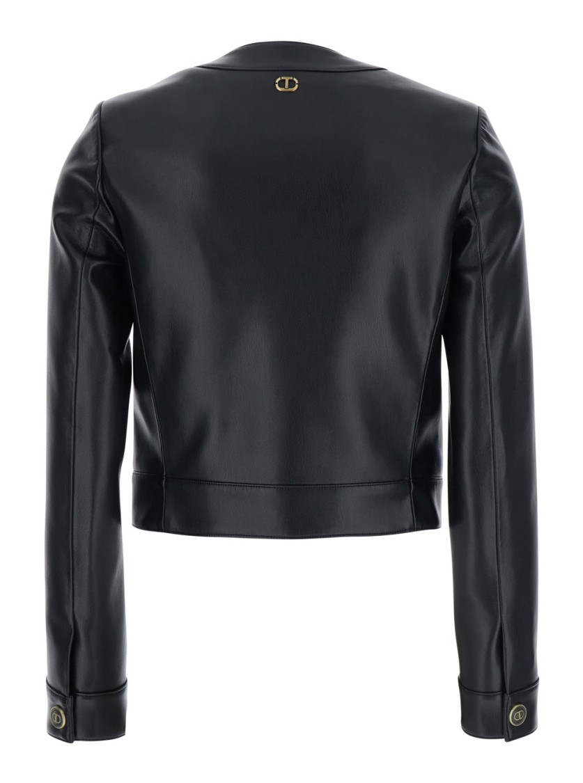 Shop Twinset Twin-set Black Crewneck Jacket With Logo Buttons In Leather