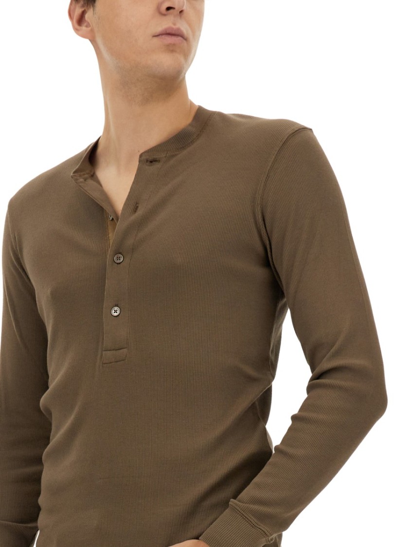 Shop Tom Ford Ribbed "henley" T-shirt In Brown