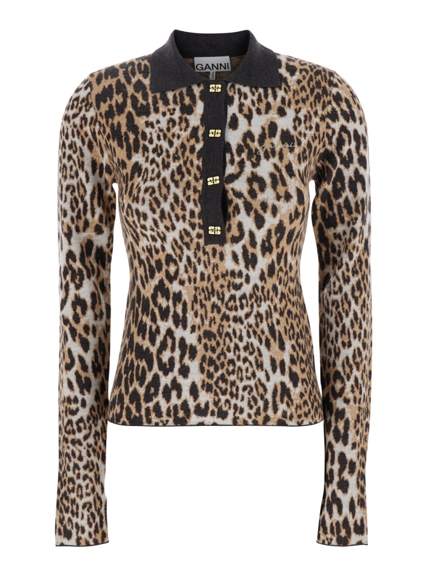 Ganni Multicolor Polo Shirt With Jewel Buttons And All-over Leopard Print In Cotton Woman In Brown
