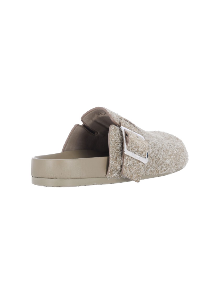 Loewe Ease Buckle Brushed Suede Mules In Green