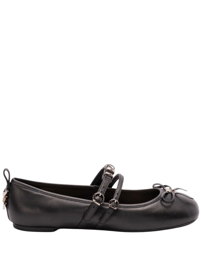 Pinko Nappa Leather Ballet Flats With Straps And Bow In Black