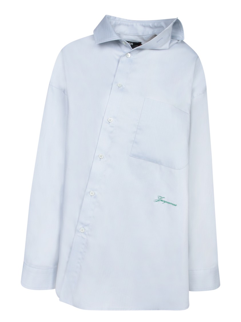 Jacquemus 'la Chemise Quadro' Grey Shirt With Embroidered Logo On The Front And Asymmetric Design In White