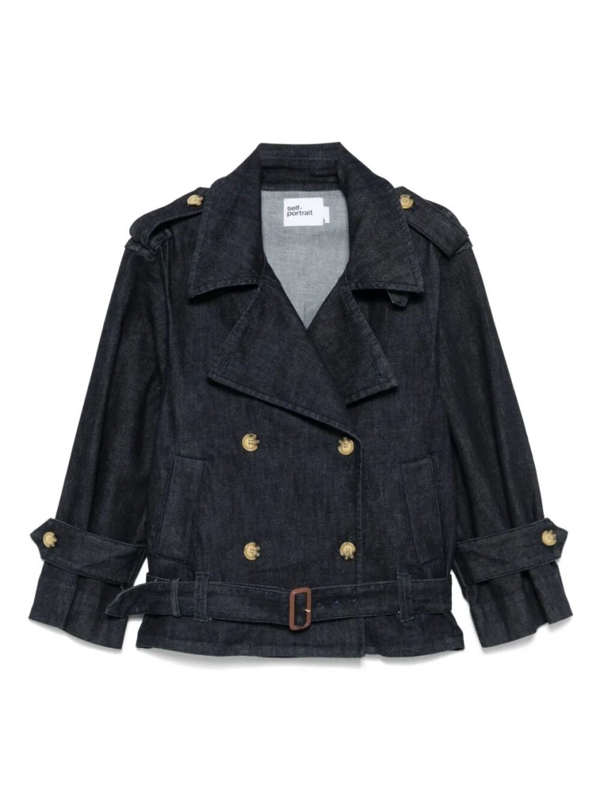 Self-portrait Double-breasted Denim Trench Jacket In Black