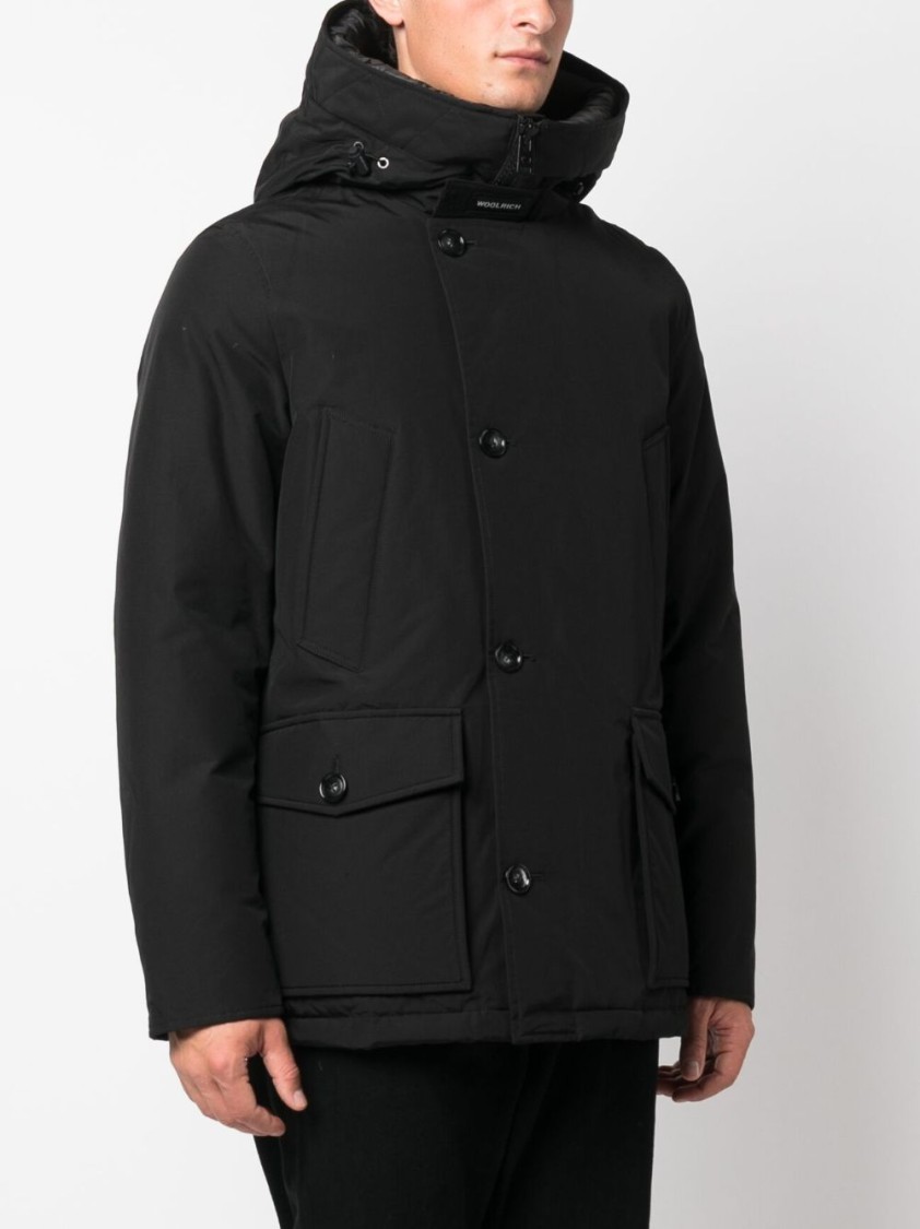 Woolrich Padded Jet Black Parka With Logo Print And Drawstring Hood In Black