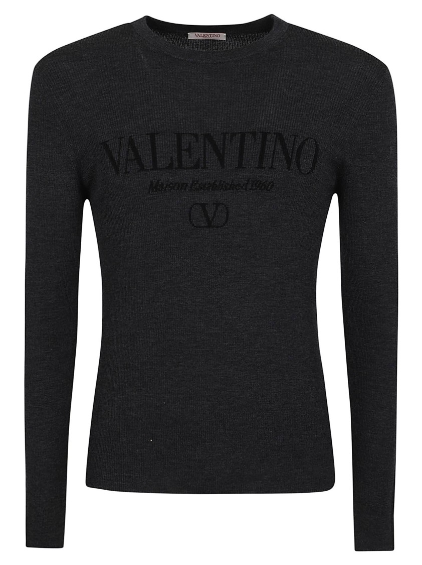Shop Valentino Pure Wool Crew Neck Sweater With Ribbed Texture In Grey