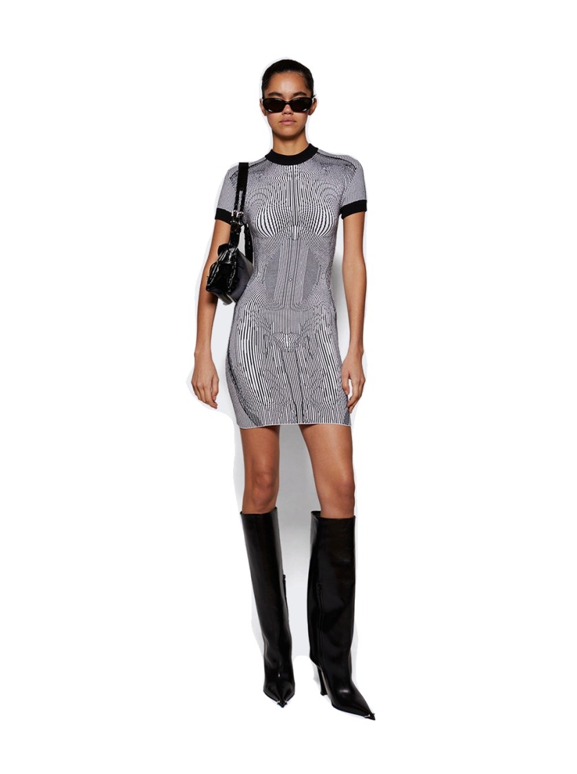 Jean Paul Gaultier Short Dress In Black And White Striped Jacquard Viscose In White
