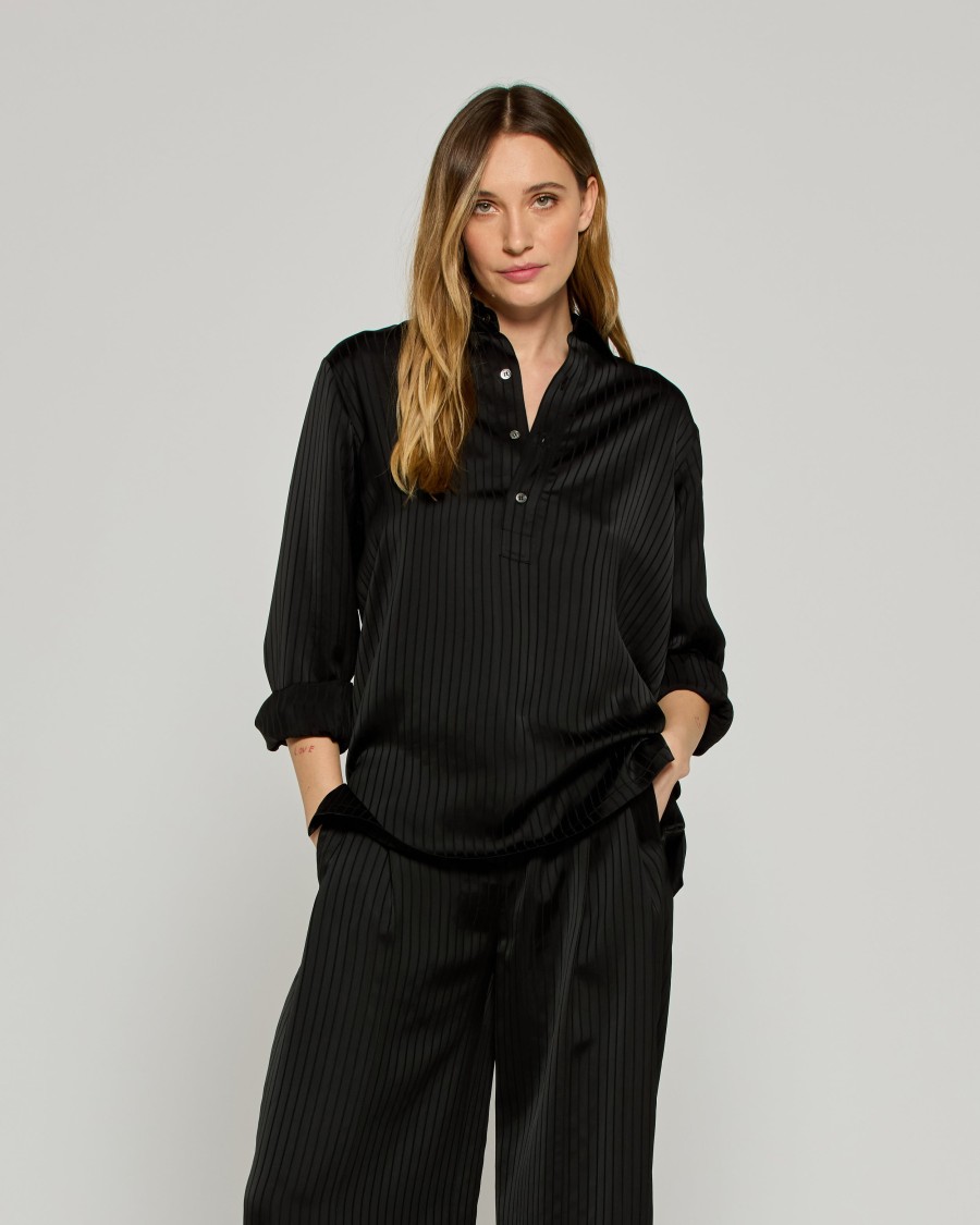 Serena Bute Satin Stripe George Shirt - Black In Black