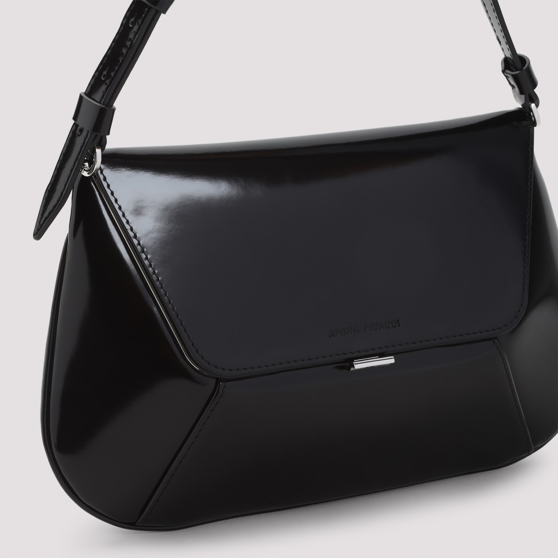 Amina Muaddi Leather Handbag With Curved Base And Reptile Motif Embossing In Black