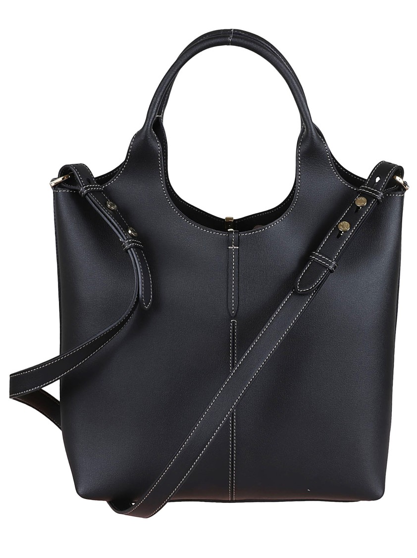 Tod's Dual Handle Black Leather Handbag With Zip Closure In Black