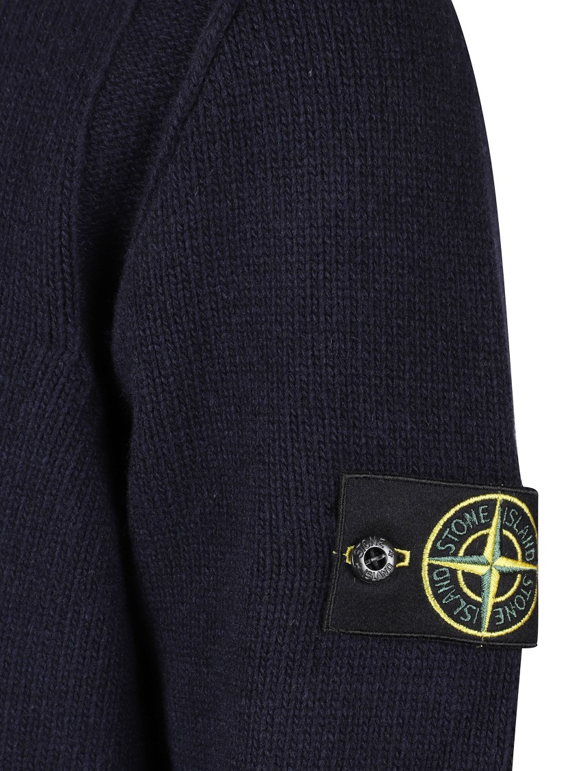 Stone Island High Collar Knit Sweater With Distinctive Logo Patch In Blue