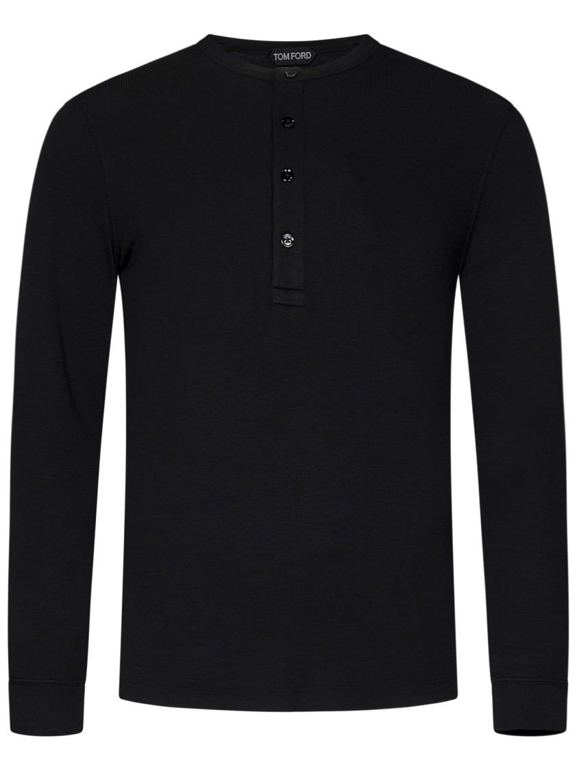 Tom Ford Mens Black Henley Ribbed Relaxed-fit Cotton-blend T-shirt In Black