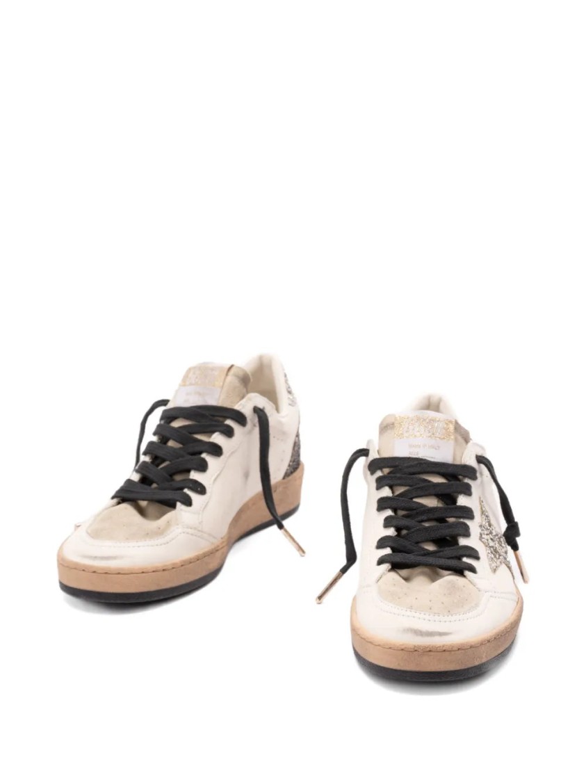 Golden Goose Ballstar White Low Top Sneakers With Glittered Star Patch On The Side And Glittered Heel With Logo L In White