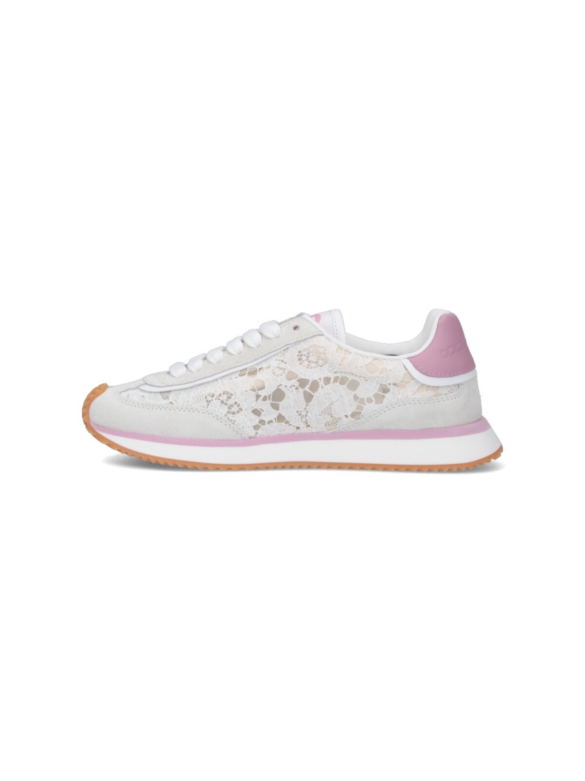 Dolce & Gabbana White Low Top With Lace Details And Dg Patch On The Side In Fabric And Suede Blend Woman In Multi
