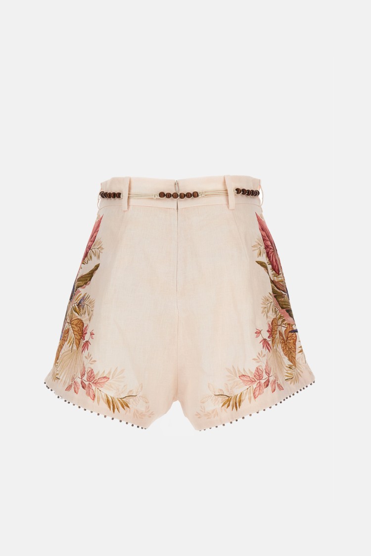 Zimmermann Floral Print Linen Shorts With Removable Waist Strap And Side Pockets In Multi