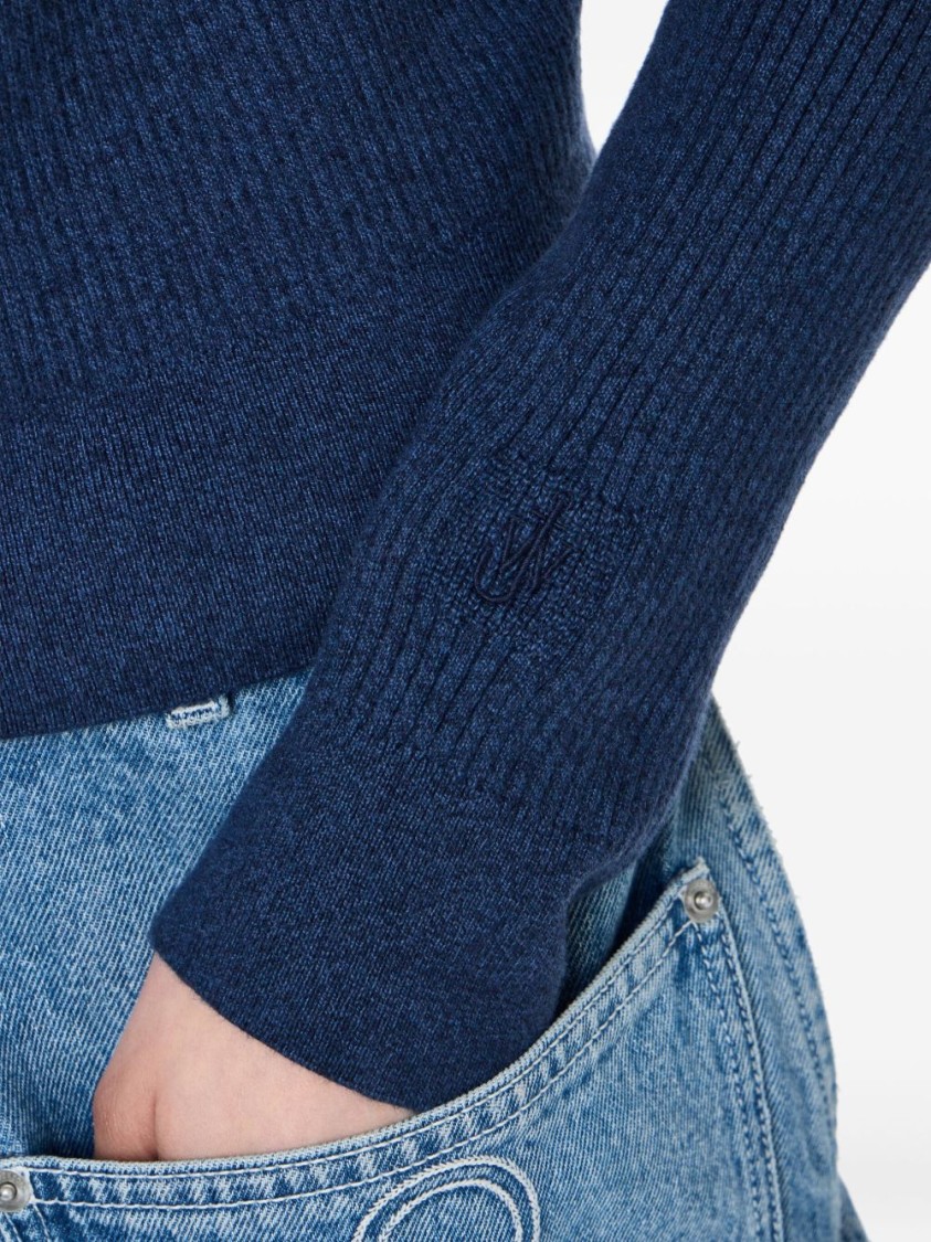 Jw Anderson J. W. Anderson Ribbed Steel Blue Sweater With High Neck In Blue