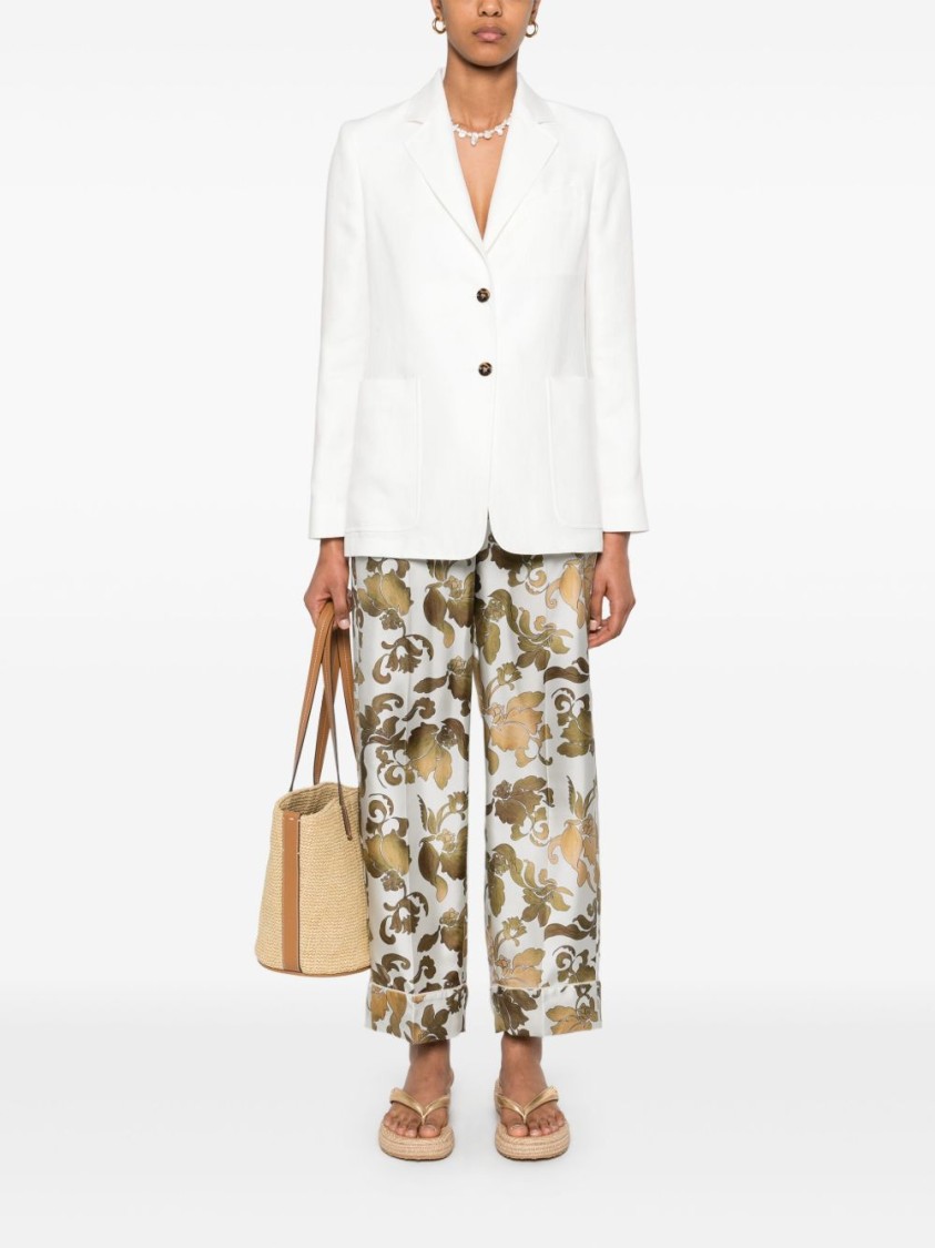 Max Mara Floral Patterned Yellow Silk Trousers In Green