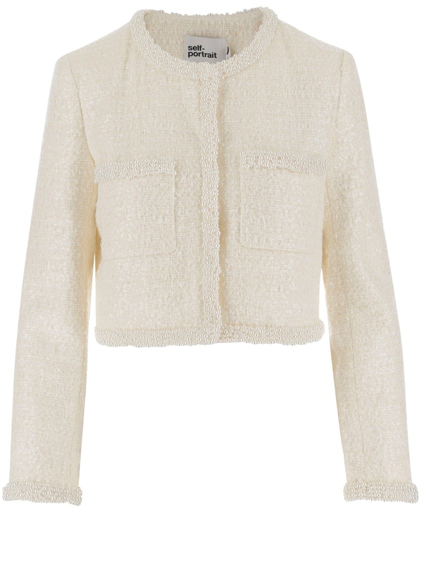 Shop Self-portrait Bouclé Jacket With Micro Sequins In Neutrals