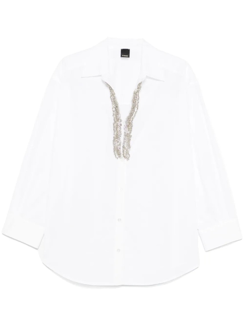 Pinko White Shirt With V Neck Collar And Rhinestone Embellishments On The Front In White