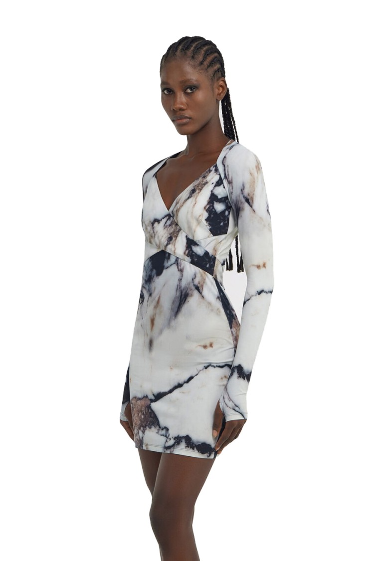 Roberto Cavalli Printed Abstract Fitted Mini V-neck Dress In Multicolor